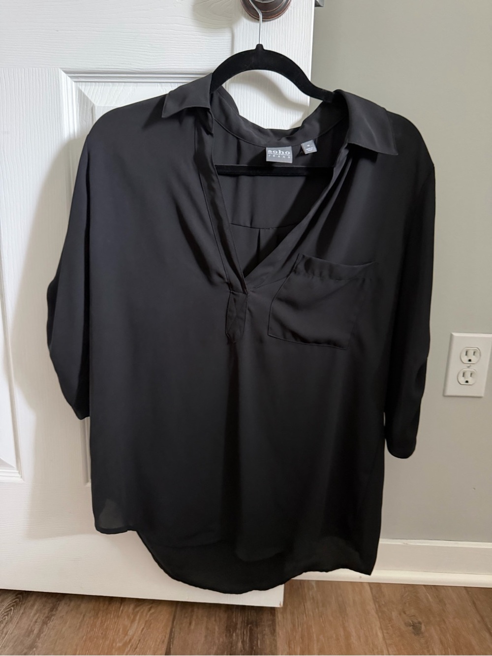 New York & Company Black V-Neck Tunic with Chest Pocket